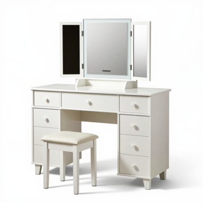 VASAGLE Kaptafel met Spiegel en Kruk Wit